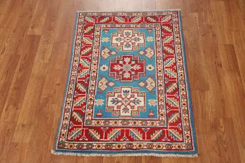 Blue Wool Geometric Kazak Oriental Accent Rug 2x3