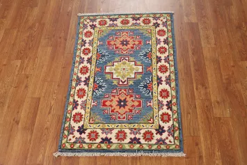 Blue Geometric Wool Kazak Oriental Foyer Rug 2x3