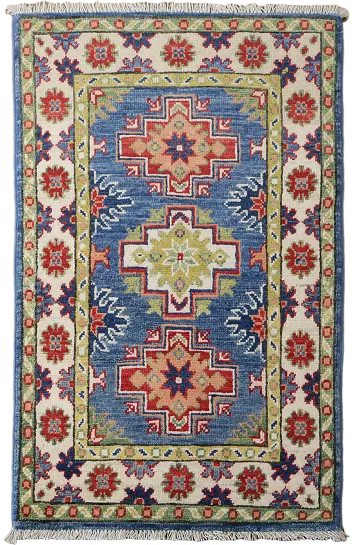 Blue Geometric Wool Kazak Oriental Foyer Rug 2x3