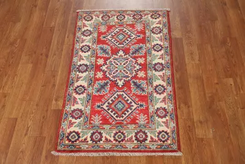 Red Wool Geometric Kazak Oriental Accent Rug 2x3