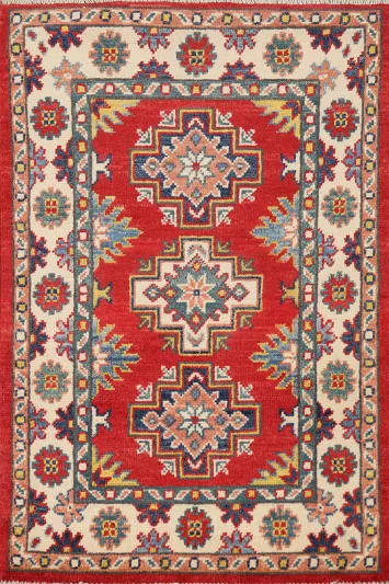 Red Wool Geometric Kazak Oriental Accent Rug 2x3
