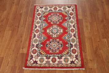 Red Wool Geometric Kazak Oriental Accent Rug 2x3