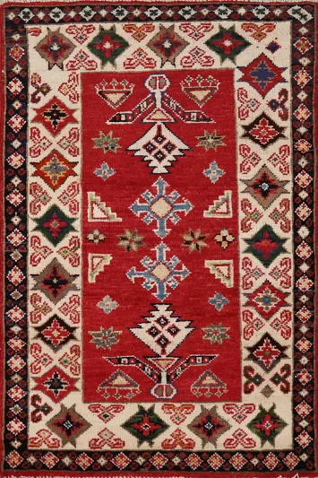 Wool Red Geometric Kazak Oriental Accent Rug 2x3