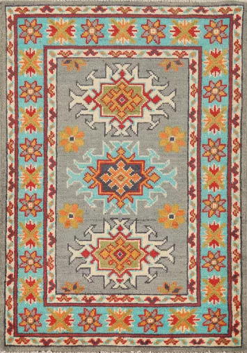 Gray & Turquoise Wool Kazak Oriental Foyer Rug 2x3