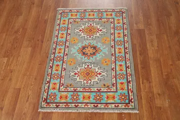 Gray & Turquoise Wool Kazak Oriental Foyer Rug 2x3