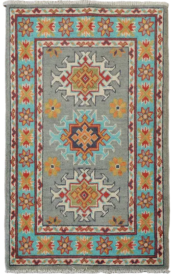 Gray & Turquoise Wool Kazak Oriental Foyer Rug 2x3
