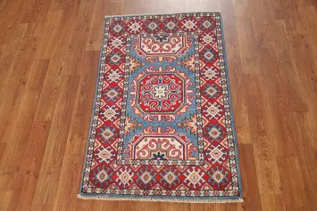 Blue Geometric Wool Kazak Oriental Foyer Rug 2x3
