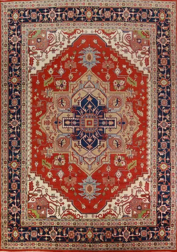 Orange Wool Medallion Heriz Serapi Indian Large Rug 12x15