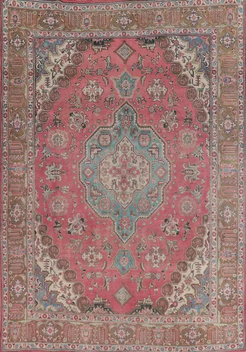 Pink Geometric Wool Tabriz Persian Area Rug 10x13