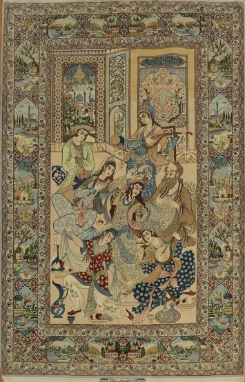 Authentic Persian Isfahan Pictorial Rug Featuring Cultural Illustrations 5x8