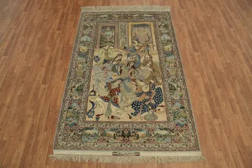 Authentic Persian Isfahan Pictorial Rug Featuring Cultural Illustrations 5x8