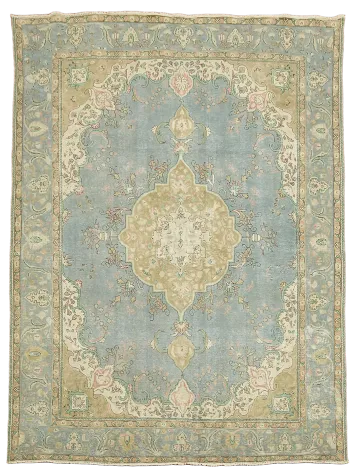 Vintage Distressed Blue and Beige Tabriz Persian Rug 10'x13'