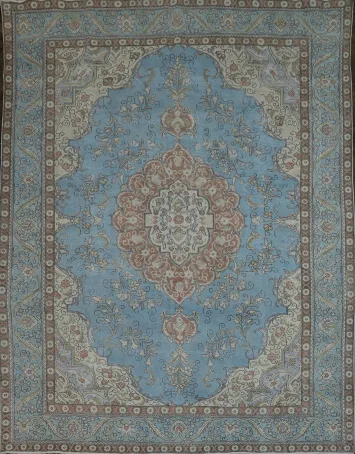 Vintage Handmade Blue and Beige Rug with Ornate Medallion 10x13