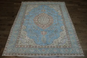 Vintage Handmade Blue and Beige Rug with Ornate Medallion 10x13