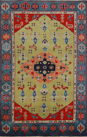 Animals Green Kazak Oriental Area Rug 5x8