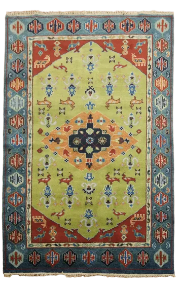 Animals Green Kazak Oriental Area Rug 5x8