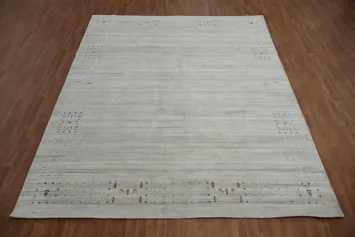 Minimal Design Gray Ivory Gabbeh Rug with Subtle Multicolor Details 9x12