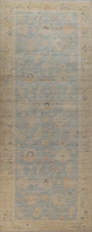 Vegetable Dye Blue Oushak Turkish Runner Rug 5x16