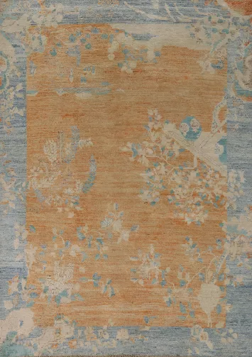 Vegetable Dye Orange Wool Art Deco Turkish Rug 5x7