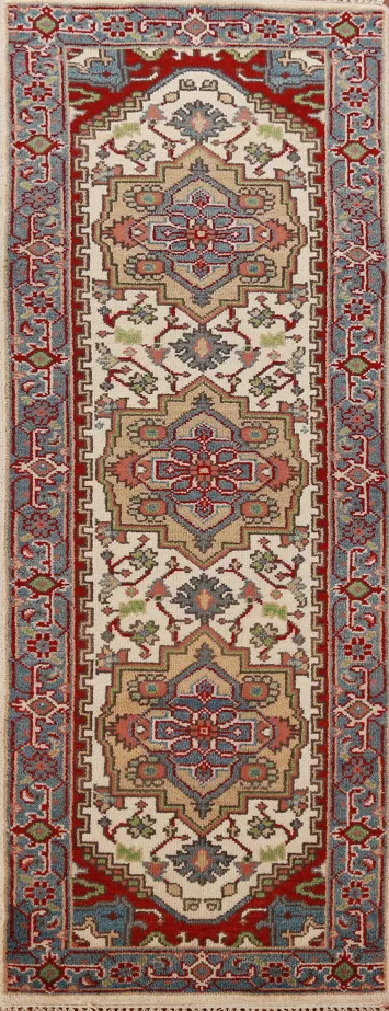 Ivory Wool Heriz Serapi Indian Runner Rug 2x8