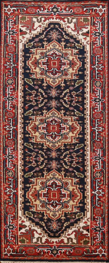 Navy Blue Heriz Serapi Indian Runner Rug 3x8
