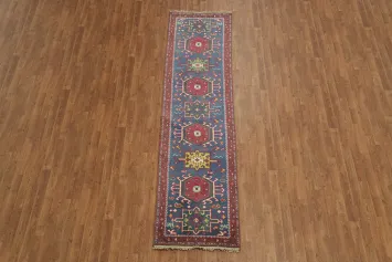 Traditional Blue and Pink Kazak Runner Rug with Geometric Charm 3x10