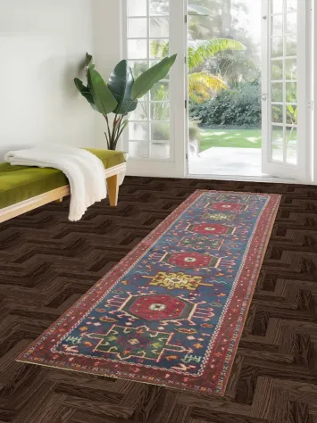 Traditional Blue and Pink Kazak Runner Rug with Geometric Charm 3x10