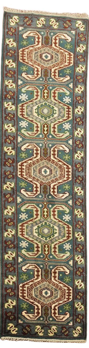 Teal Blue Geometric Kazak Indian Runner Rug 3x10