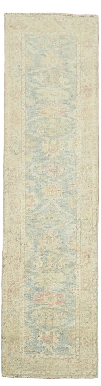 Vegetable Dye Muted Blue Oushak Turkish Runner Rug 3'x11'