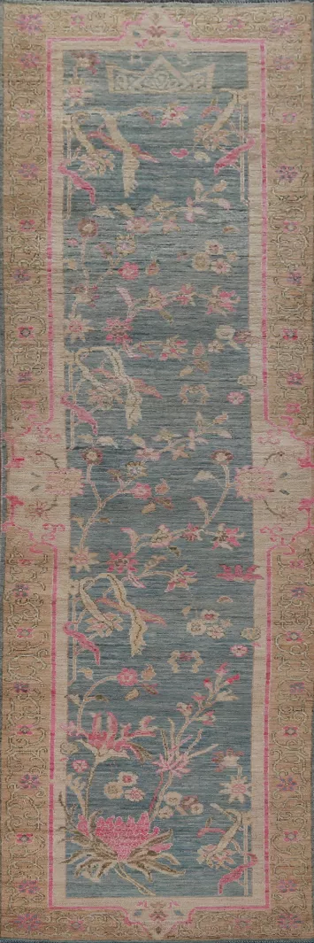 Vegetable Dye Blue Oushak Turkish Runner Rug 3x12
