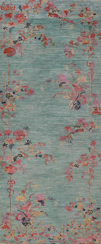 Vegetable Dye Blue Art Deco Turkish Runner Rug 3x8