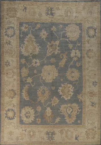 Vegetable Dye Blue Floral Oushak Turkish Area Rug 9x12