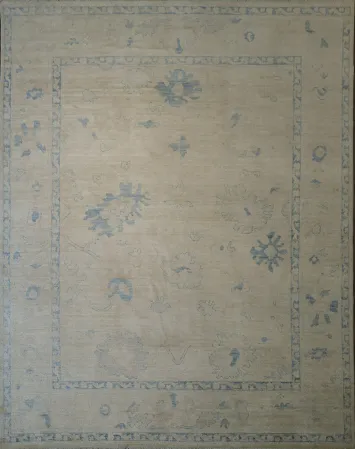 Vegetable Dye Beige and Blue Muted Oushak Turkish Area Rug 8x10