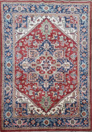 Traditional Red and Blue Heriz Serapi Vegetable Dye Area Rug 6x8