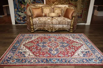 Traditional Red and Blue Heriz Serapi Vegetable Dye Area Rug 6x8