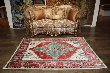 Geometric Red and Green Tribal Heriz Serapi Vegetable Dye Rug 5x7