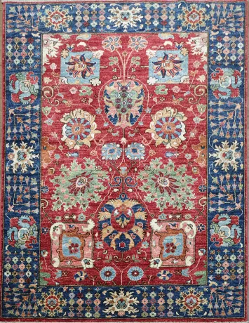 Elegant Red and Blue Botanical Patterned Ziegler Area Rug for Stylish Homes 5x7