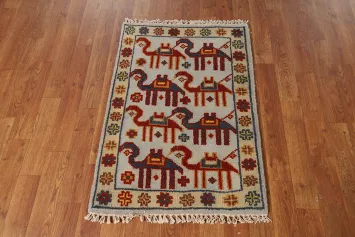 Tribal Wool Animals Art Deco Oriental Rug 2x3