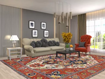 Ivory & Orange Medallion Heriz Serapi Indian Area Rug 9x12