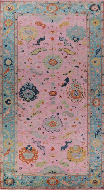 Pink & Blue Floral Oushak Indian Large Rug 8x16