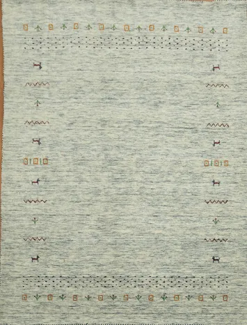 Neutral Ivory and Gray Blue Gabbeh Area Rug with Subtle Artistic Border Details 5x7