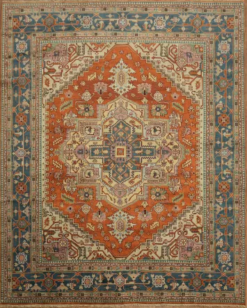 Traditional Palace Heriz Serapi Rug with Vibrant Rust and Blue Medallion Design 12x15