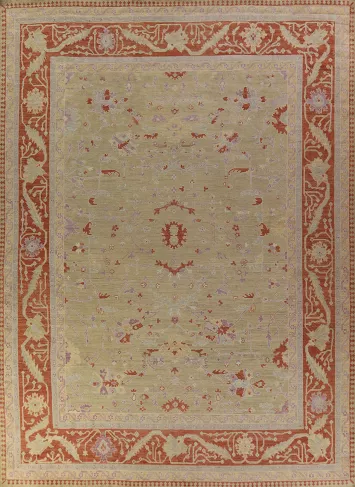 Vegetable Dye Green Oushak Turkish Large Rug 13x15