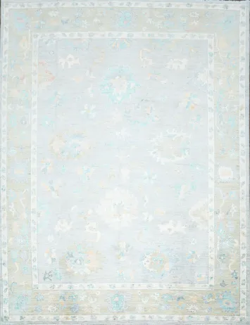 Pastel Floral Muted Grey Vegetable Dye Oushak Turkish Rug 9x12