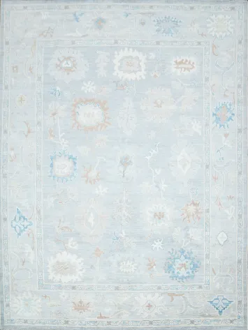 Soft Gray Blue Oushak Turkish Living Room Rug