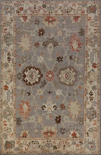 Gray Floral Wool Oushak Vegetable Dye Area Rug 6x9