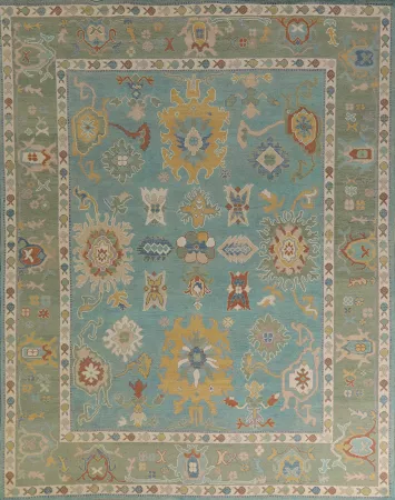 Turquoise Blue Floral Oushak Vegetable Dye Area Rug 8x10