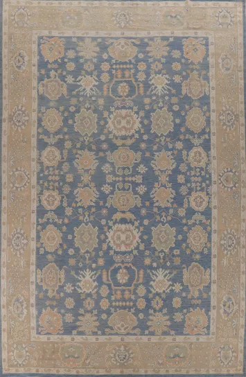 Floral Blue Oushak Vegetable Dye Large Rug 10x15