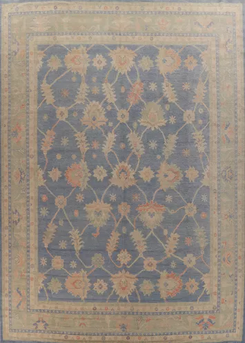 Vegetable Dye Blue Oushak Turkish Large Rug 12x15