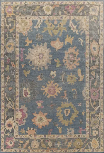 Handmade Blue Oushak Vegetable Dye Large Rug 10x14